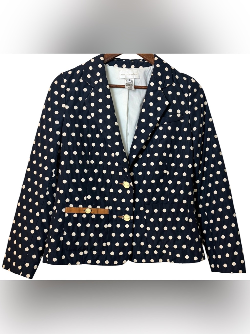 Corey Lynn Calter Polka Dot Point Blazer Jacket Navy White Size 8 Boho Chic